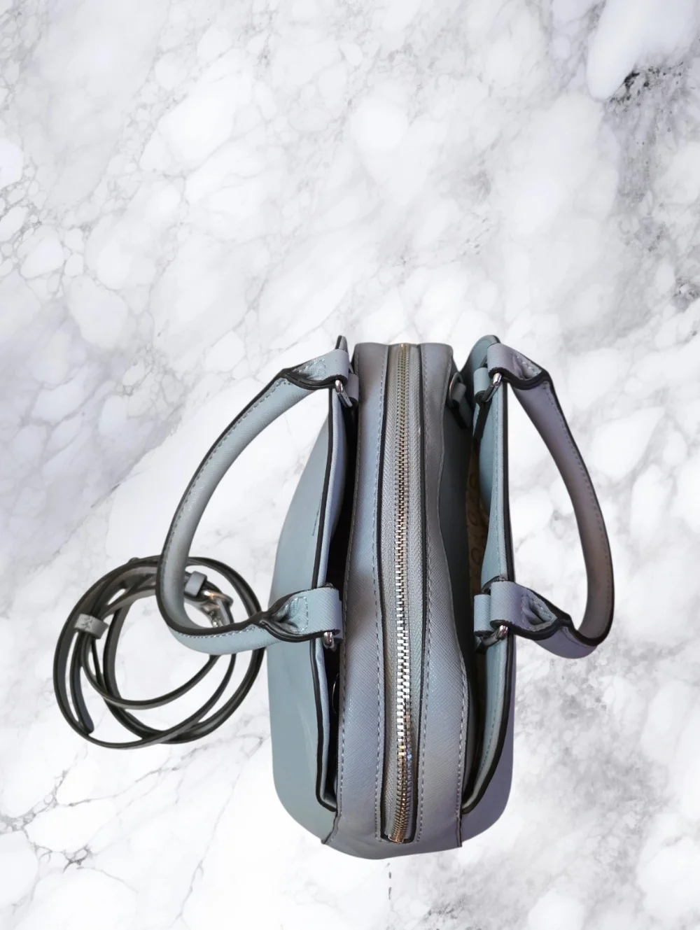 Guess Gray Dome Satchel Crossbody Bag Structured Top Handle Silver Logo